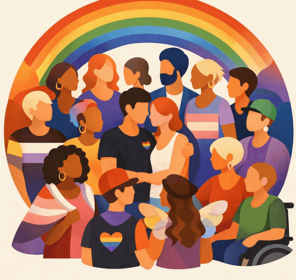 Illustration d’un groupe de personnes de la diversité sexuelle et de genre réunies sous un arc-en-ciel.