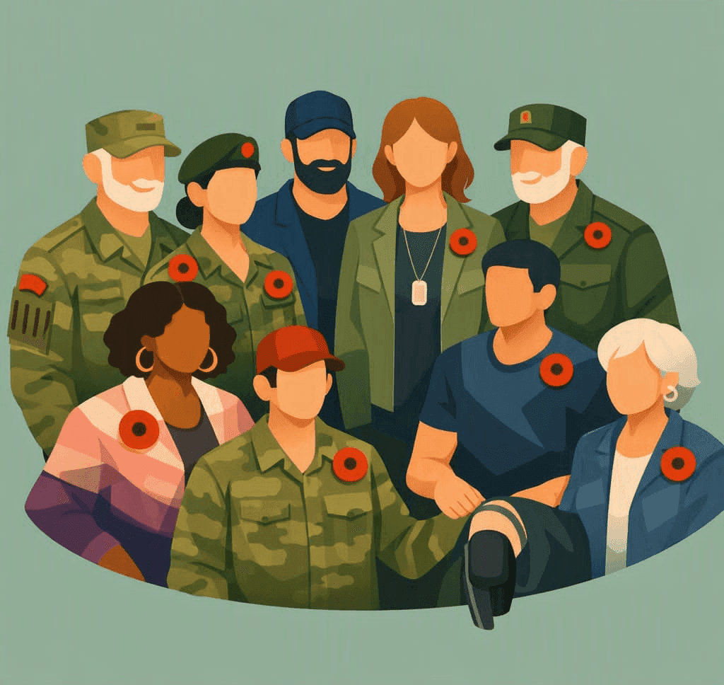 Illustration d’un groupe de personnes en uniforme militaire et en civil, portant un coquelicot.